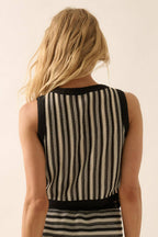 Striped Crochet-Knit Button-Front Cropped Vest Top