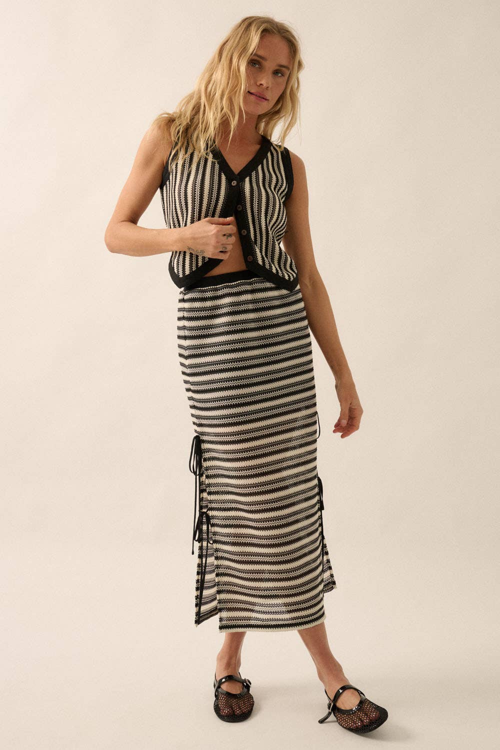 Striped Crochet-Knit Side-Tie Midi Skirt