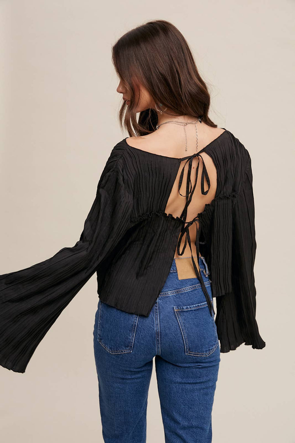 Pleated Open Back Tie Blouse: Black