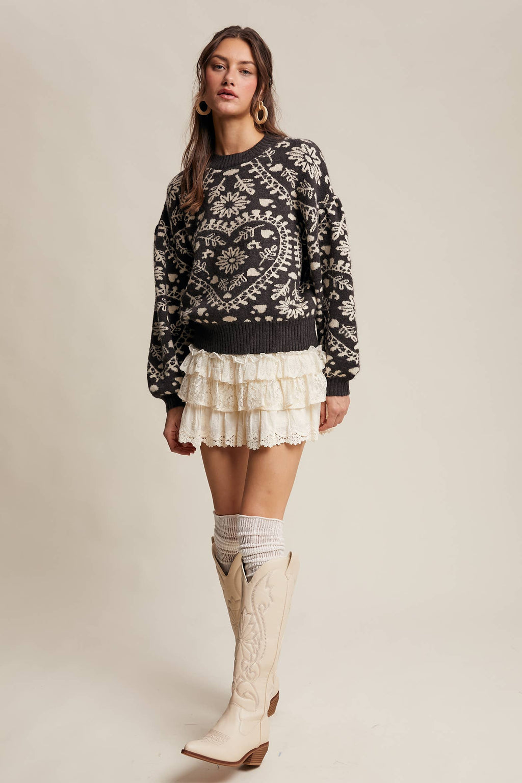 Heart Jacquard Knit Sweater: Charcoal