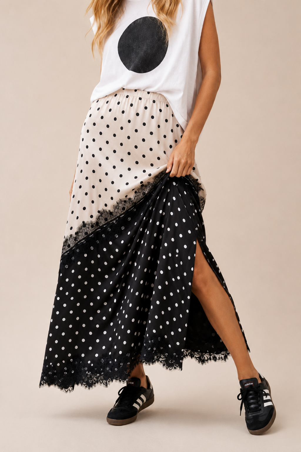 Asymmetrical Polka Dot Lace Maxi Skirt
