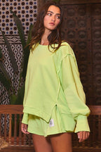 Lime Green Raw Edge Detail Hi-Low Hem Solid Terry Top