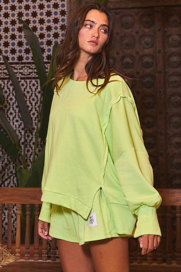 Lime Green Raw Edge Detail Hi-Low Hem Solid Terry Top