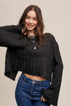 Pleated Open Back Tie Blouse: Black