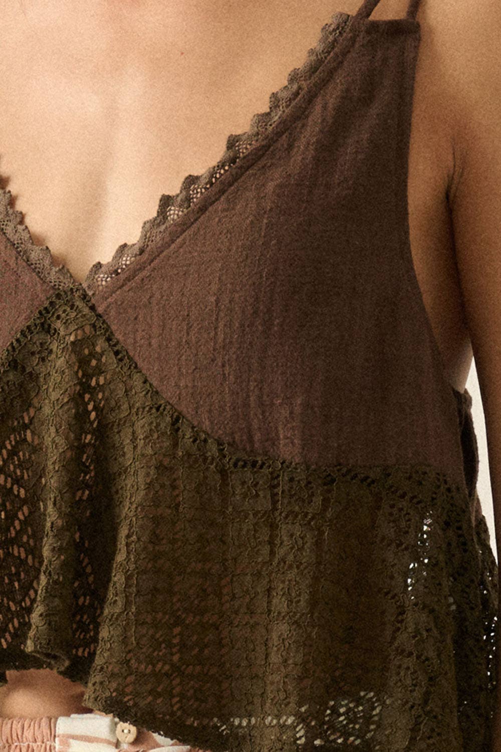 Cotton Gauze and Crochet Lace Ruffle Babydoll Tank Top