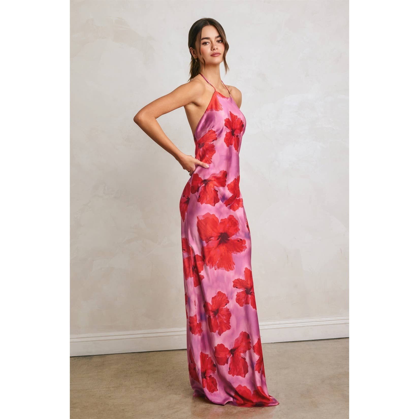 Hibiscus Escape Open Back Halter Maxi Dress