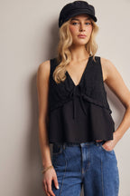 Lace Yoke Tie-Front Sleeveless Top