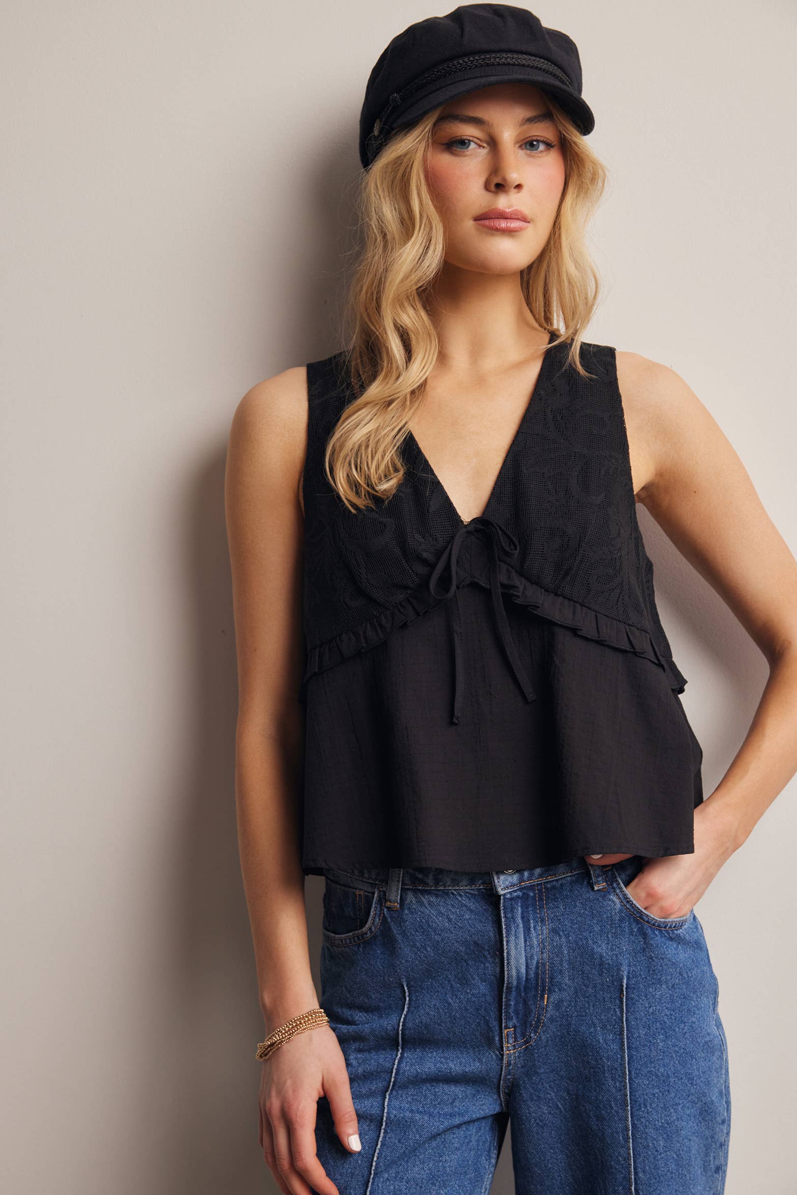 Lace Yoke Tie-Front Sleeveless Top