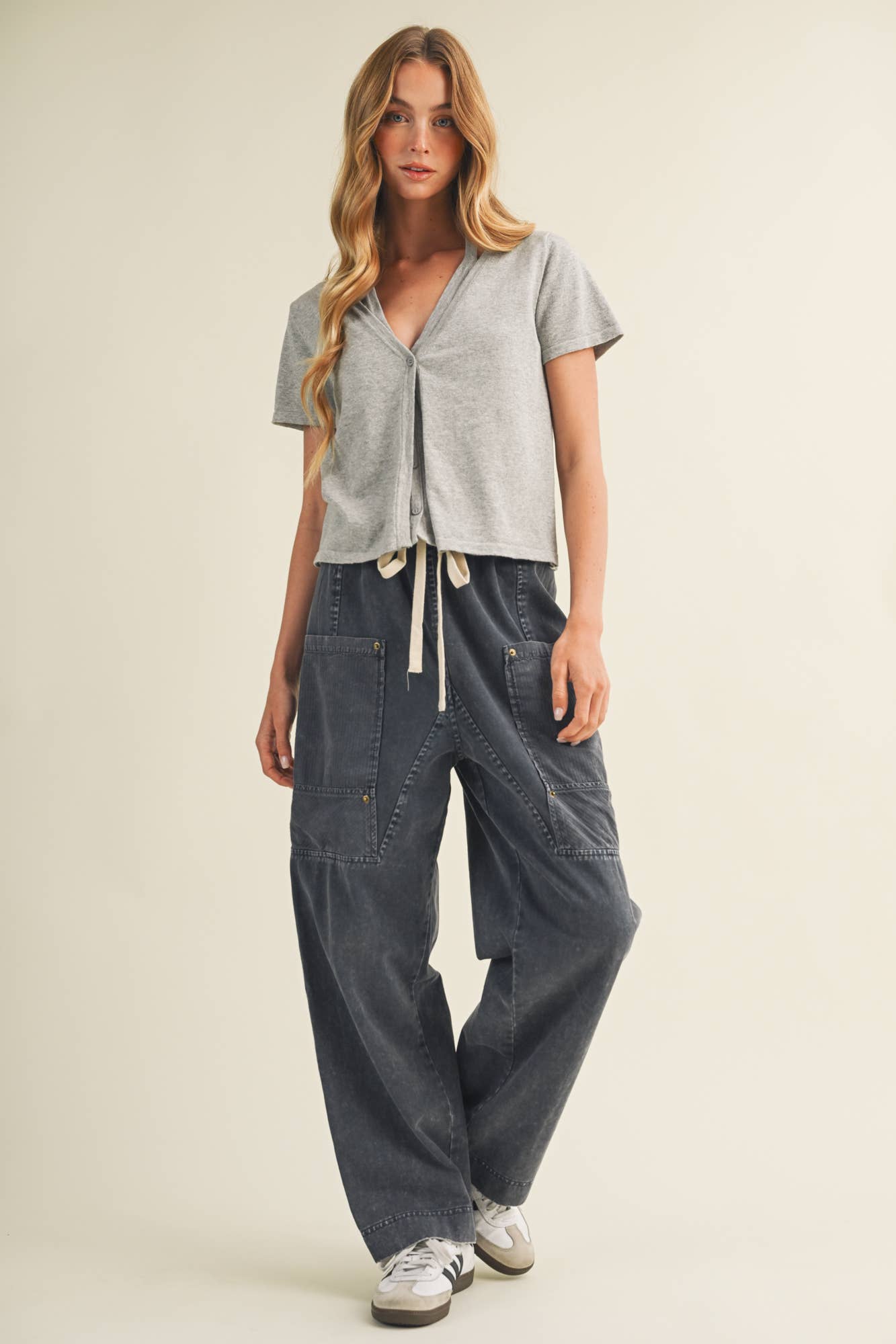 Drawstring Waist Wide Leg Utility Trouser