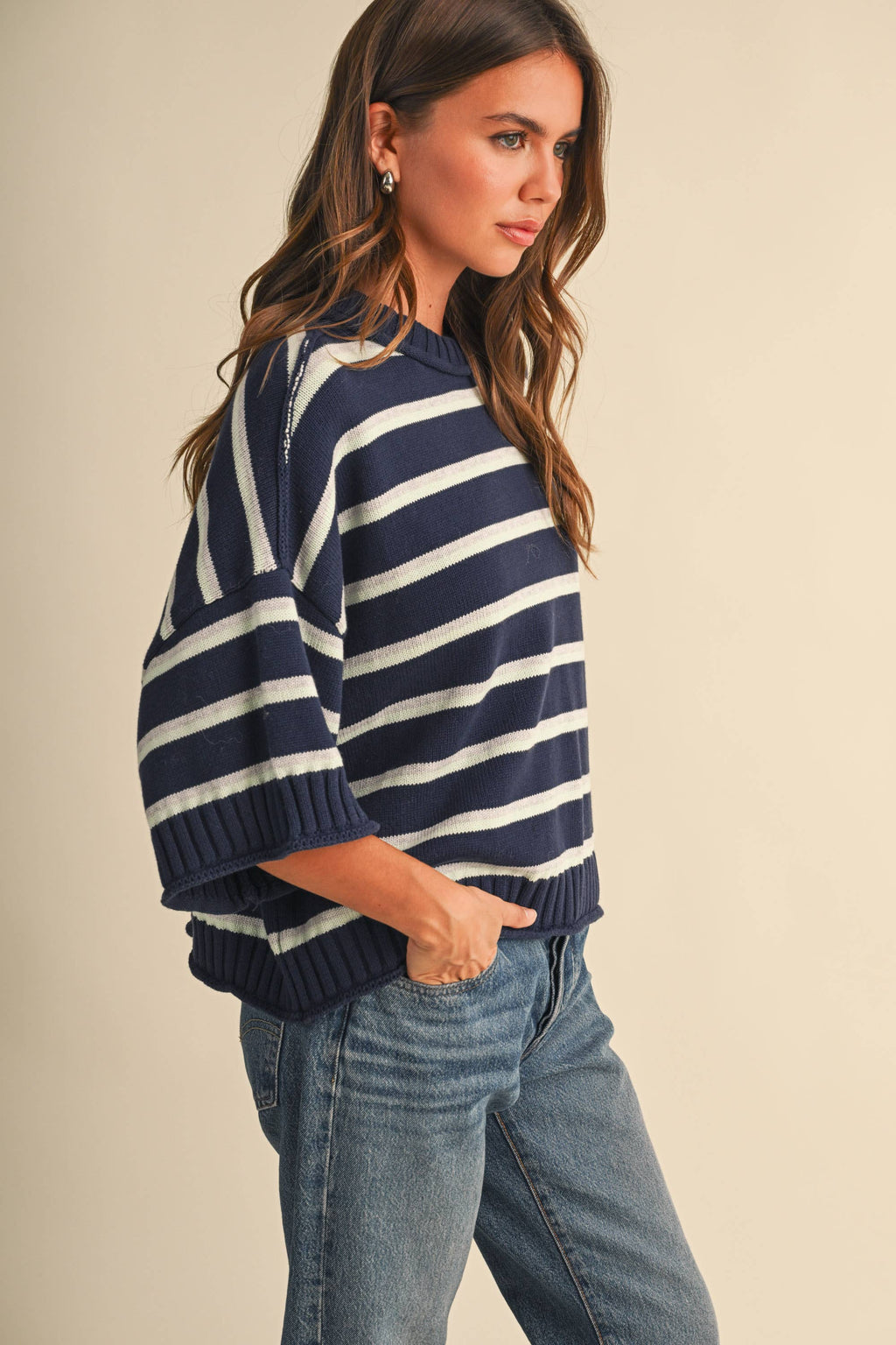 STRIPED HALF SLEEVE SWEATER RELAXED FIT CROPPED TOP