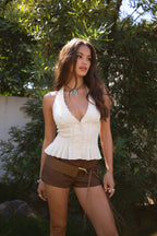 ALANA Plunging V-Neckline Chiffon Halter Top Smocked Back