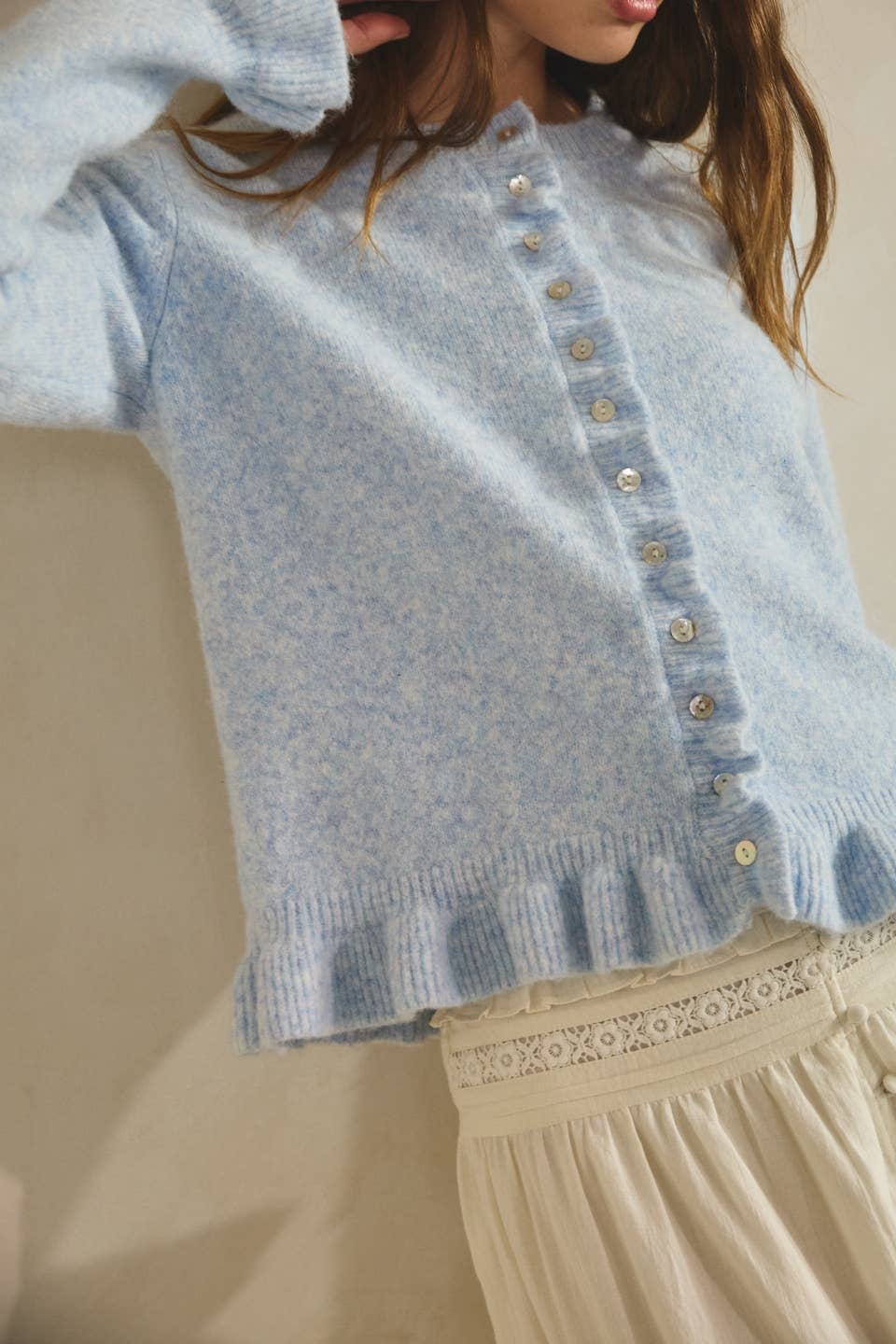 BABY BLUE-Ruffle Wave Button Knit Cardigan