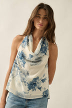 Floral Chiffon Cowl-Neck Open-Back Halter Blouse