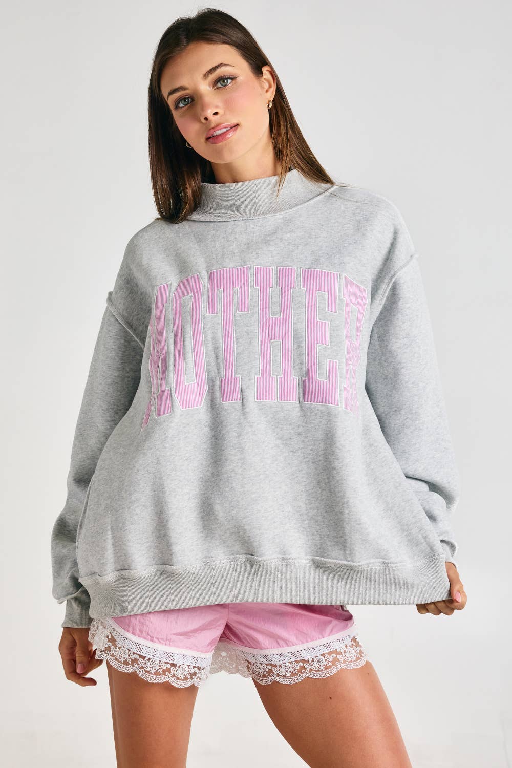 Embroidered "MOTHER" Mock Neck Sweatshirt