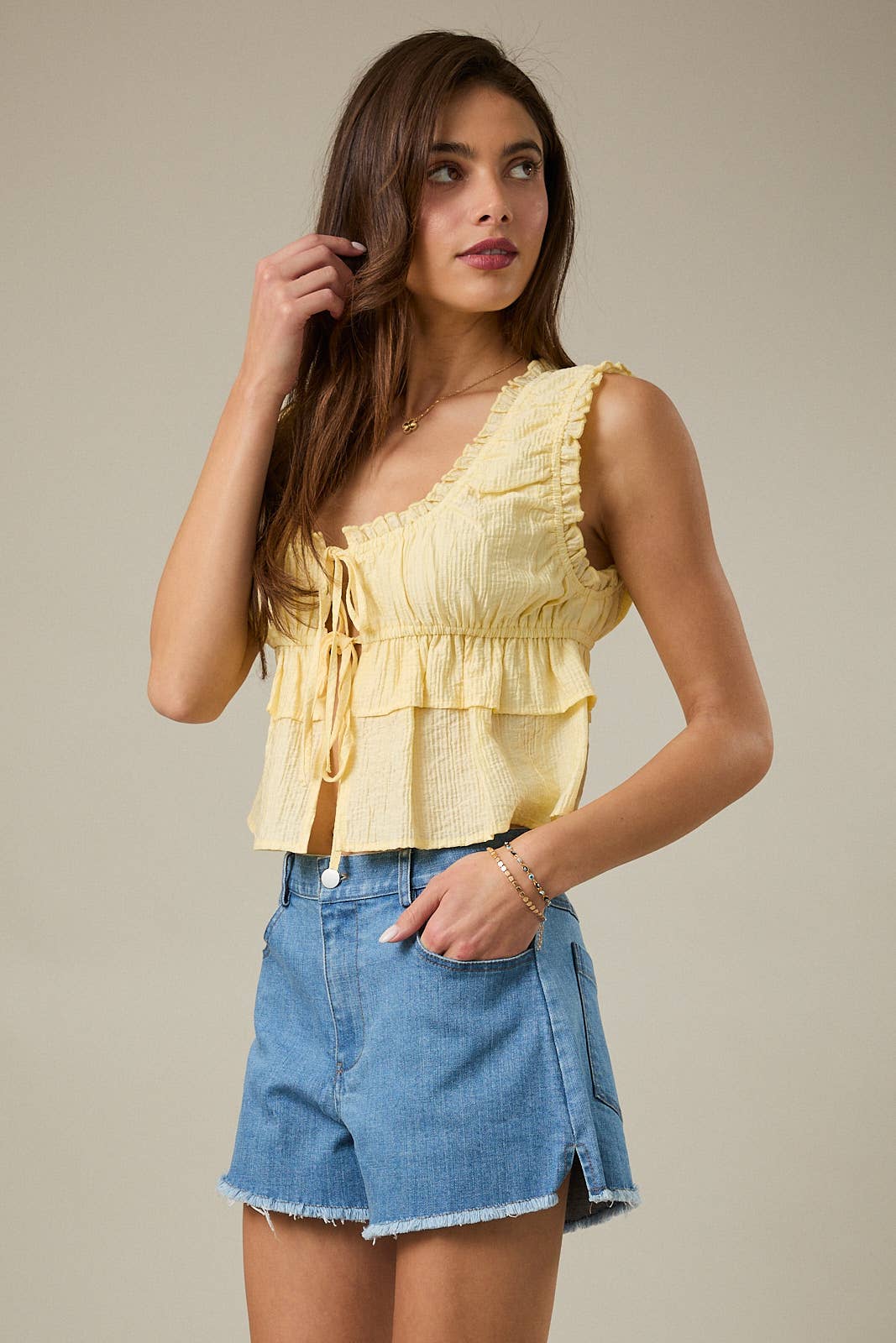 SLEEVELESS DOUBLE TIE BABYDOLL TIERED RUFFLE TOP