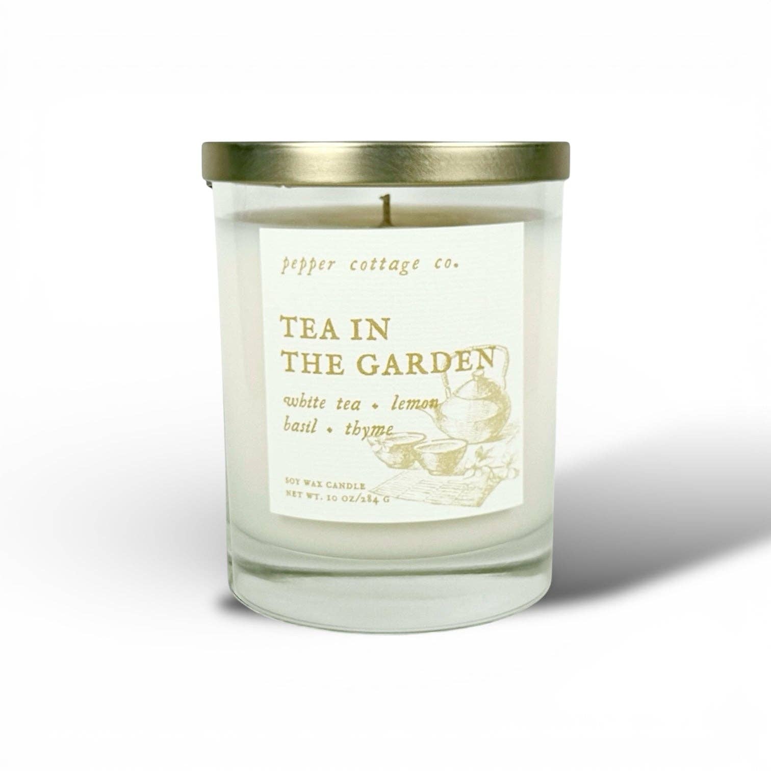 Tea in the Garden 10 oz Soy Candle Jar | White Tea, Lemon, Basil, Thyme | Clean, Herbal, Calming Scented Candle