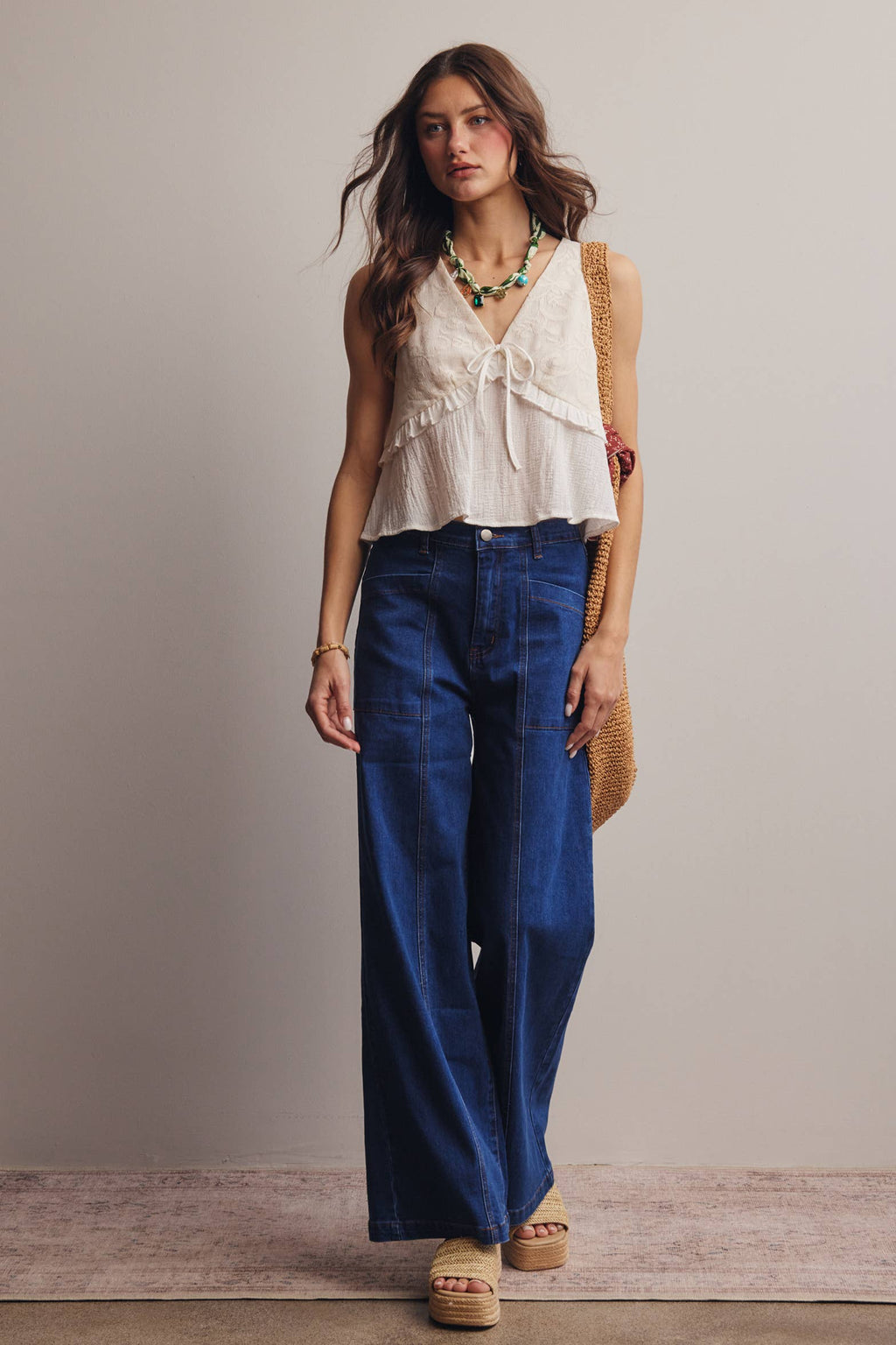 Lace Yoke Tie-Front Sleeveless Top