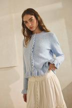 BABY BLUE-Ruffle Wave Button Knit Cardigan