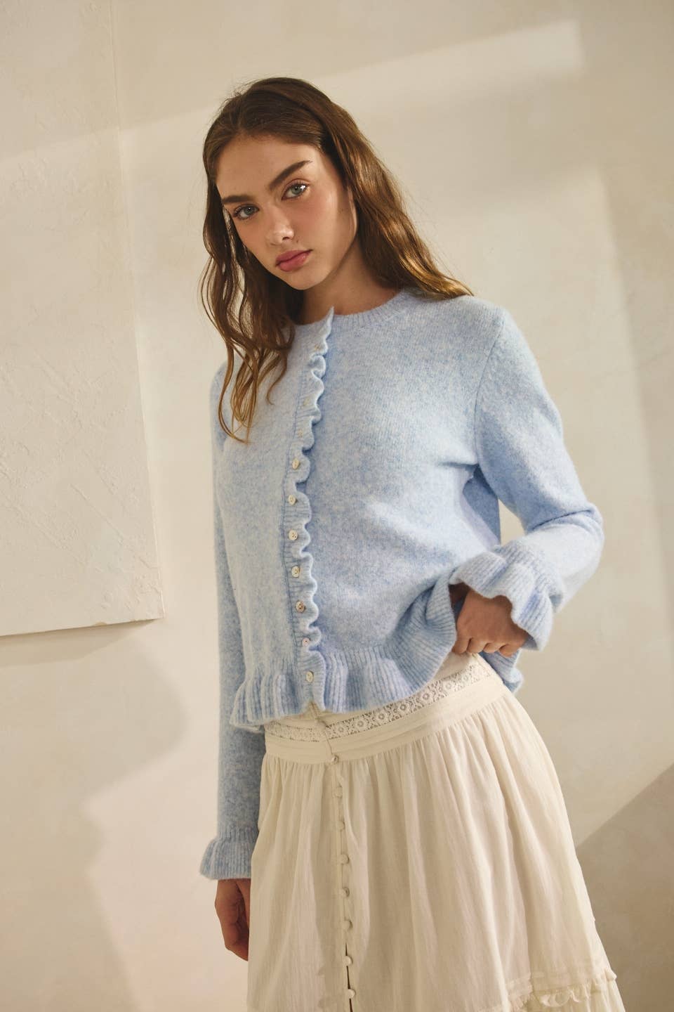 BABY BLUE-Ruffle Wave Button Knit Cardigan