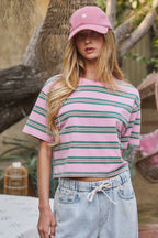 Vintage Washed Striped Cotton Crop Tee