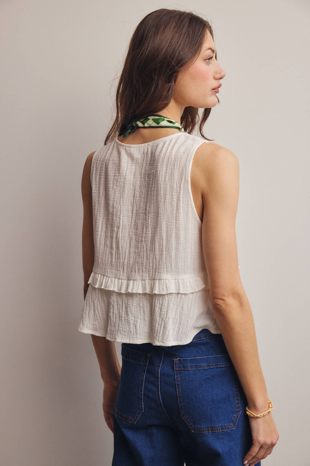 Lace Yoke Tie-Front Sleeveless Top