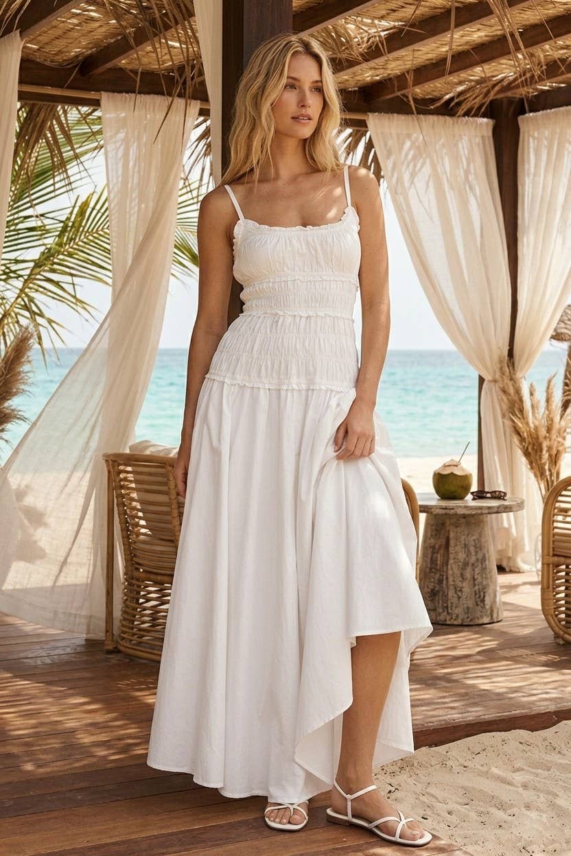 WHITE SMOCKED MAXI COTTON DRESS