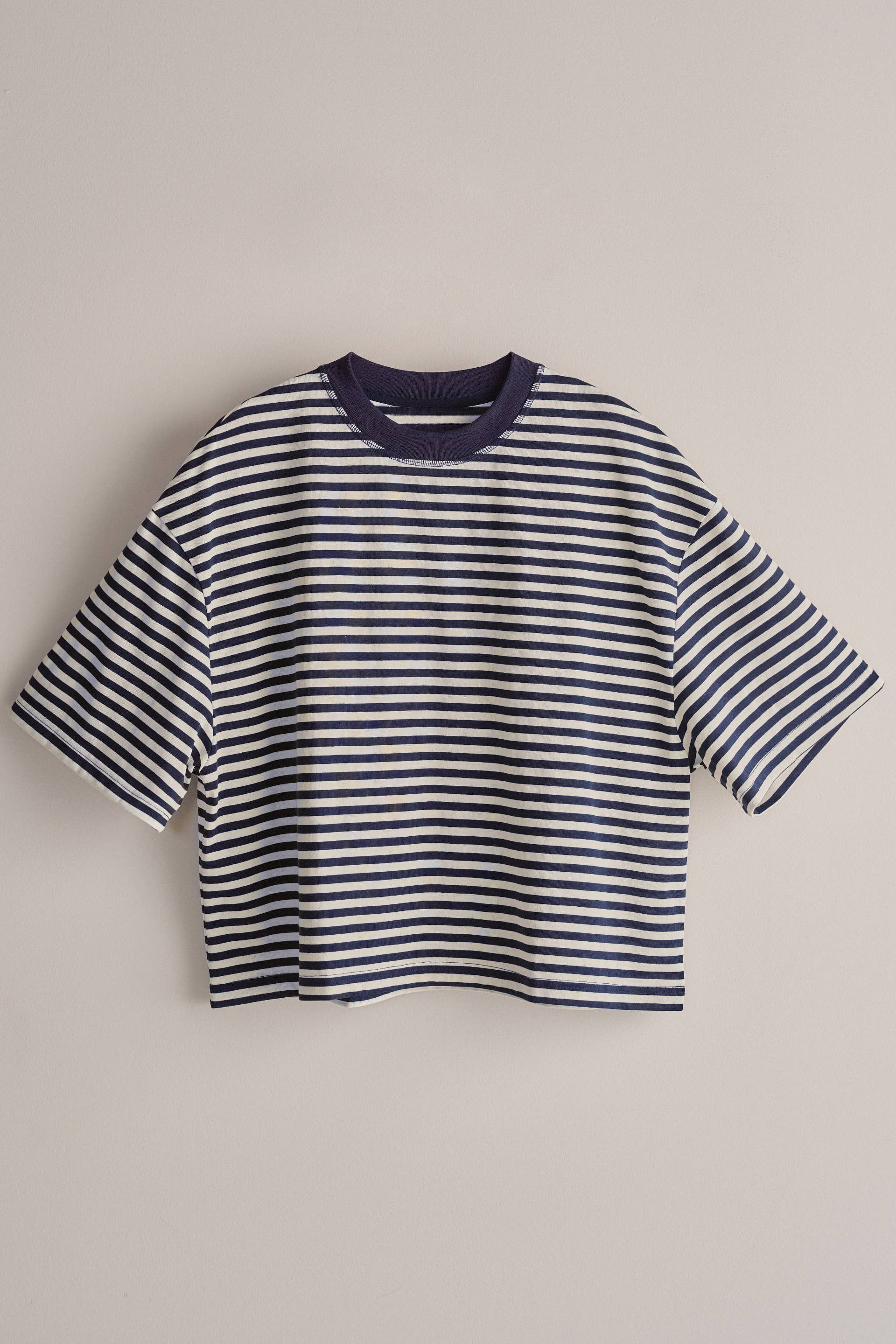Oversized Striped Contrast Neck Boxy Tee