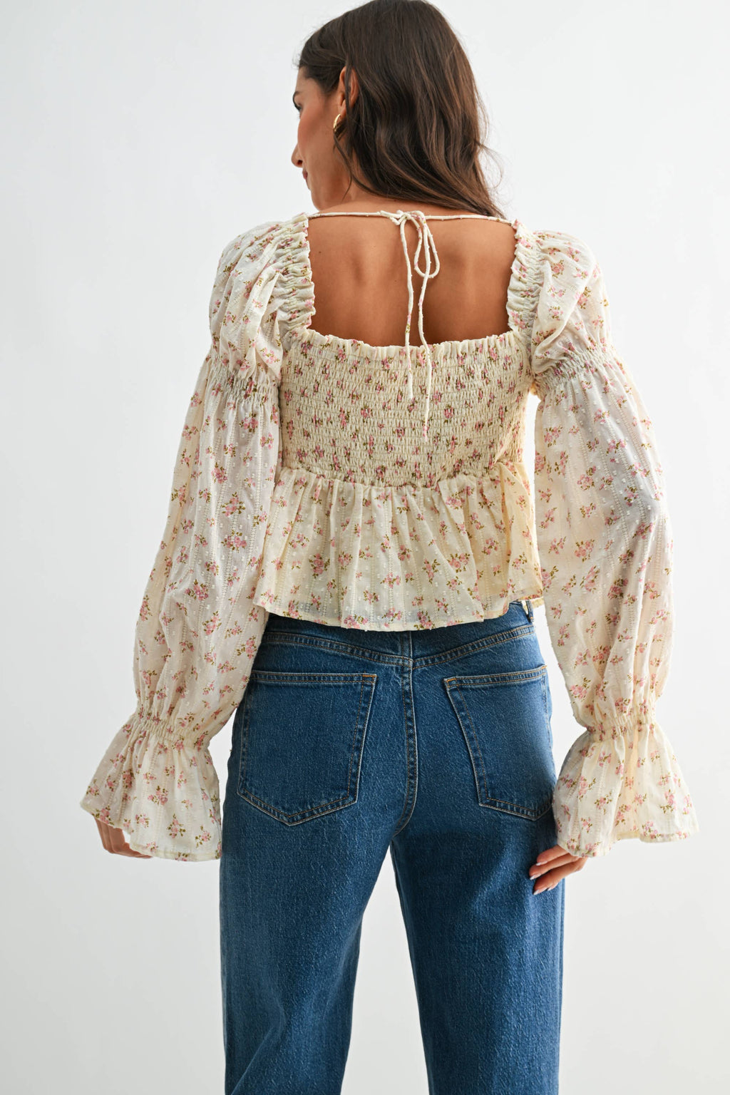 Floral Long-Sleeve Blouse with Smocked Back