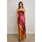 Watercolor Stripe Satin Strapless Bias Cut Maxi Dress