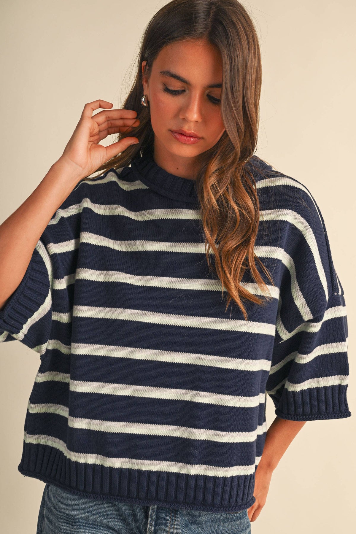 STRIPED HALF SLEEVE SWEATER RELAXED FIT CROPPED TOP