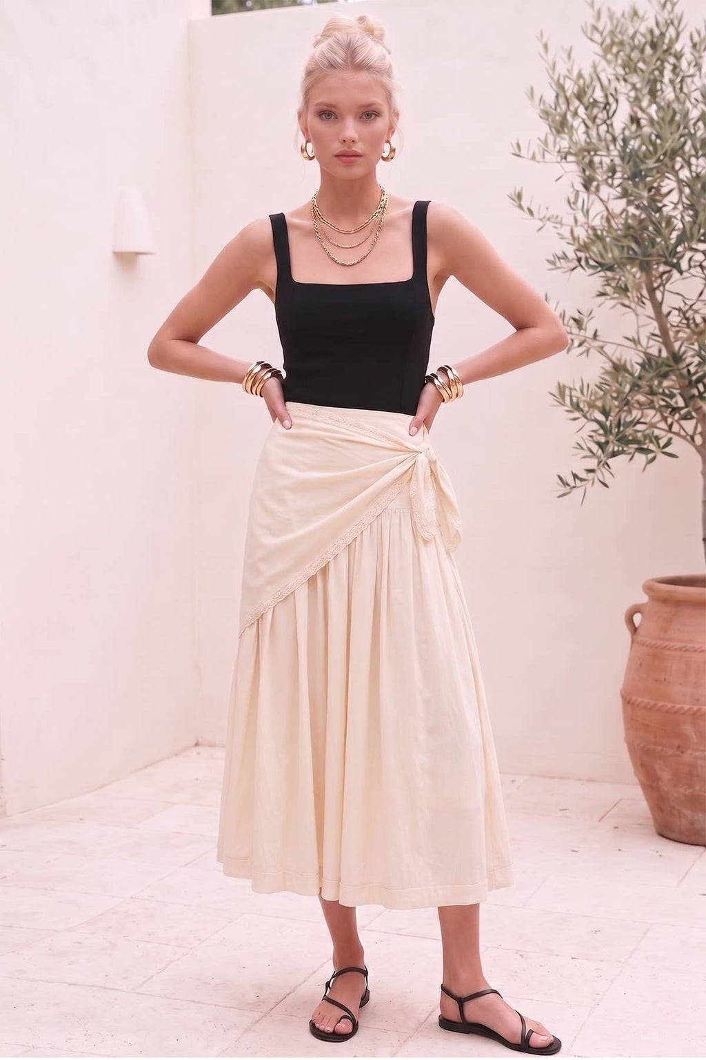 SIDE TIE DETAIL PLEATED WOVEN MIDI SKIRT