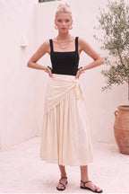 SIDE TIE DETAIL PLEATED WOVEN MIDI SKIRT