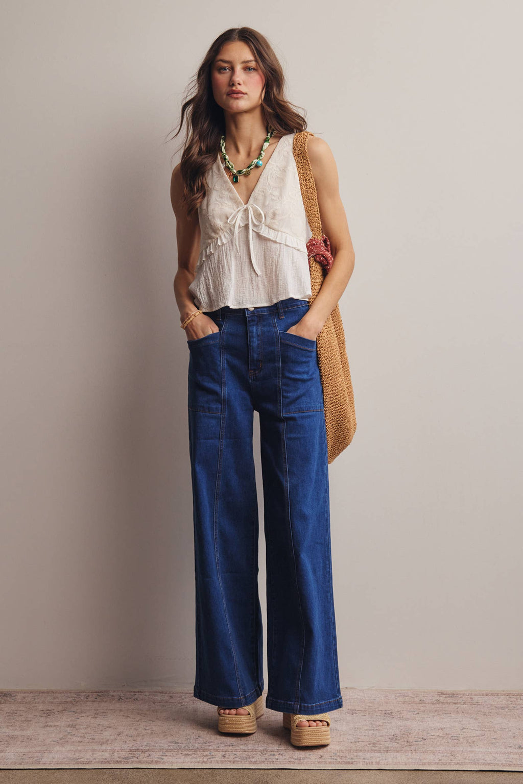 Lace Yoke Tie-Front Sleeveless Top