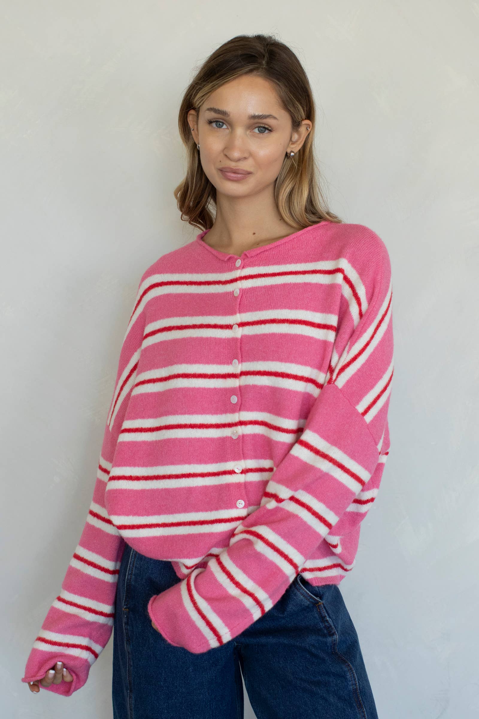 Piper Cardigan - Rose Varsity Stripe