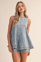 DENIM LONGLINE SLEEVELESS TOP AND SHORTS SET