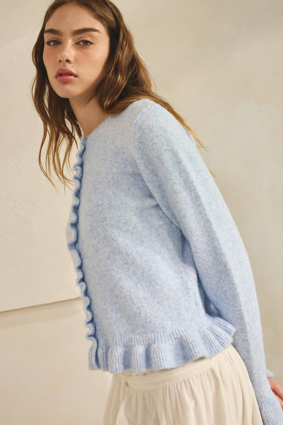 BABY BLUE-Ruffle Wave Button Knit Cardigan