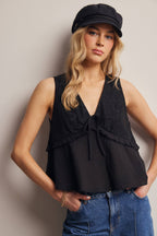 Lace Yoke Tie-Front Sleeveless Top