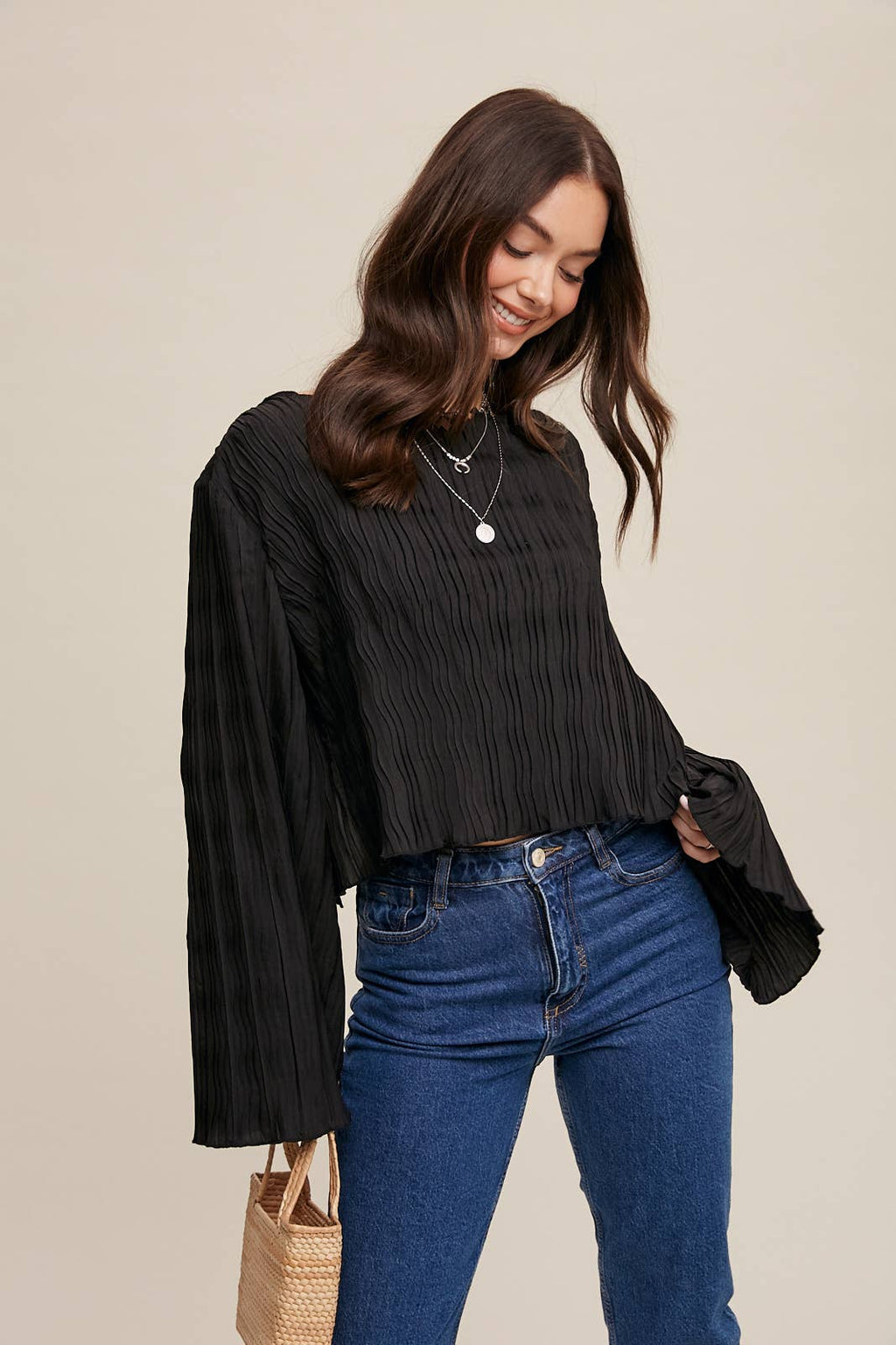 Pleated Open Back Tie Blouse: Black