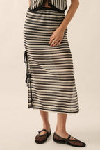 Striped Crochet-Knit Side-Tie Midi Skirt