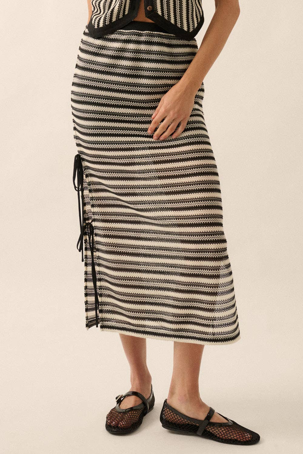 Striped Crochet-Knit Side-Tie Midi Skirt