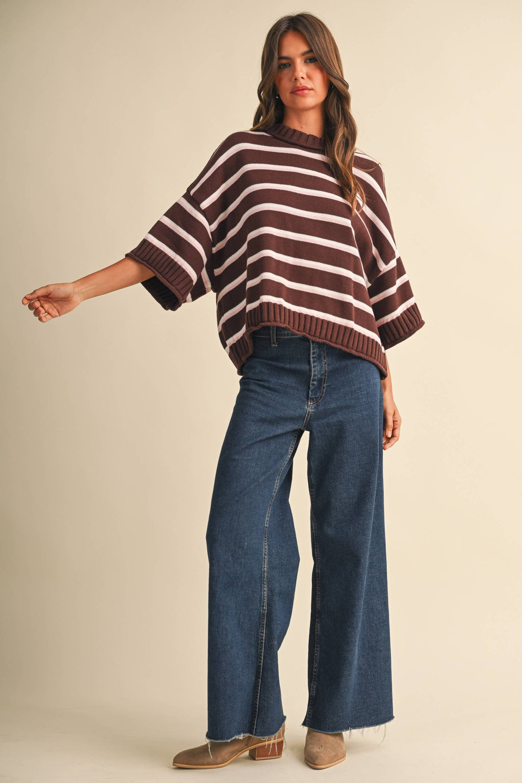 STRIPED HALF SLEEVE SWEATER RELAXED FIT CROPPED TOP