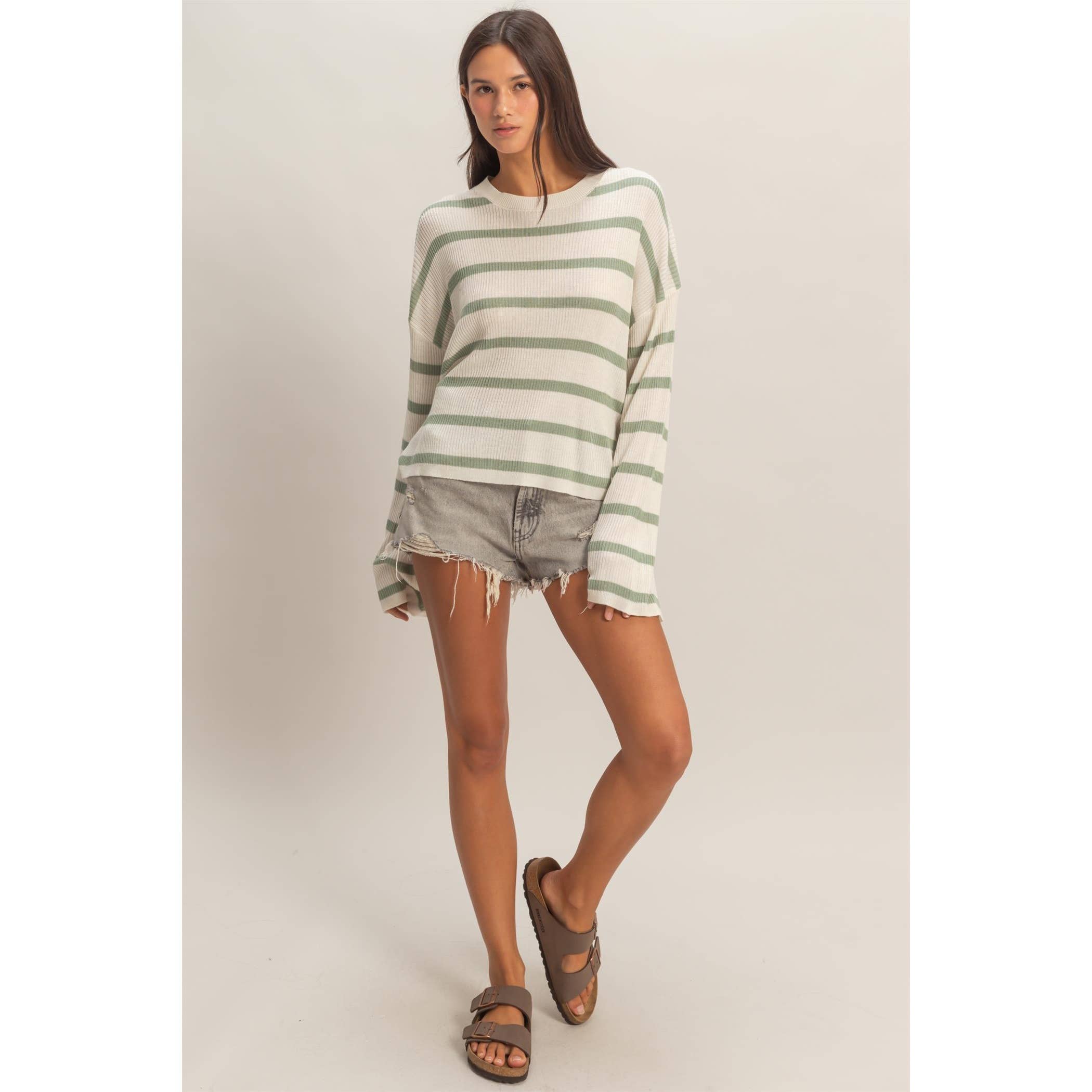 Lightweight Wide-Sleeve Striped Sweater