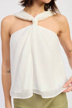 CRINKLE LINEN TOP WITH FRONT TIE