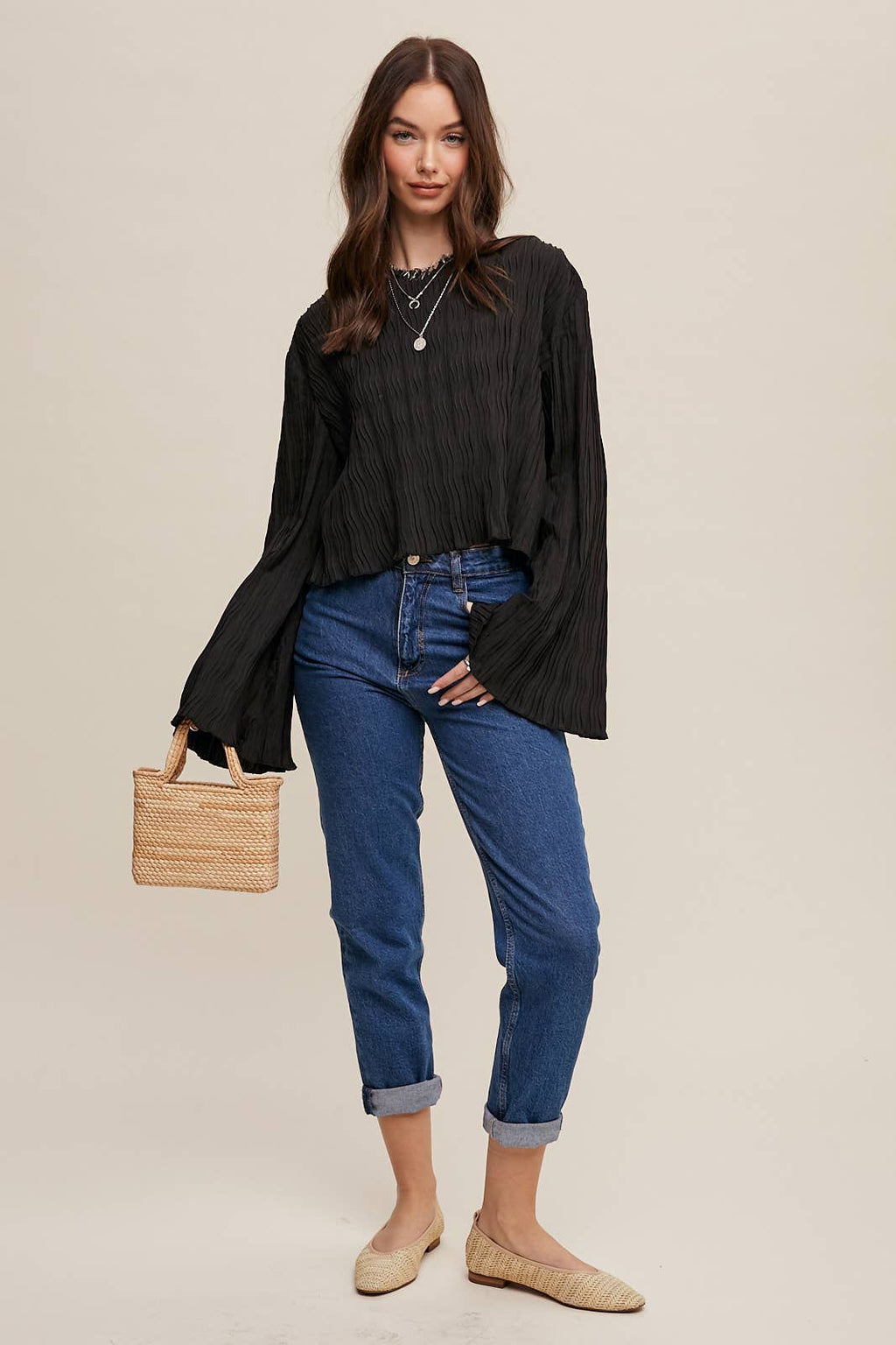 Pleated Open Back Tie Blouse: Black