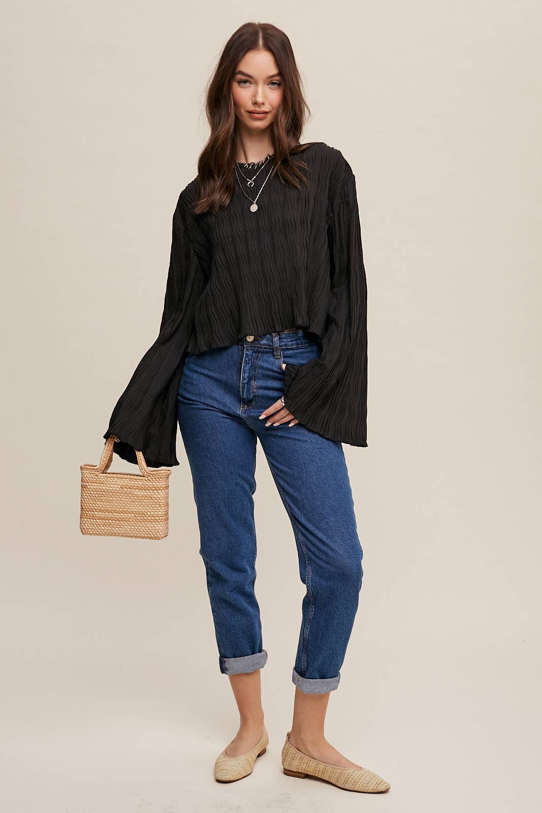 Pleated Open Back Tie Blouse: Black