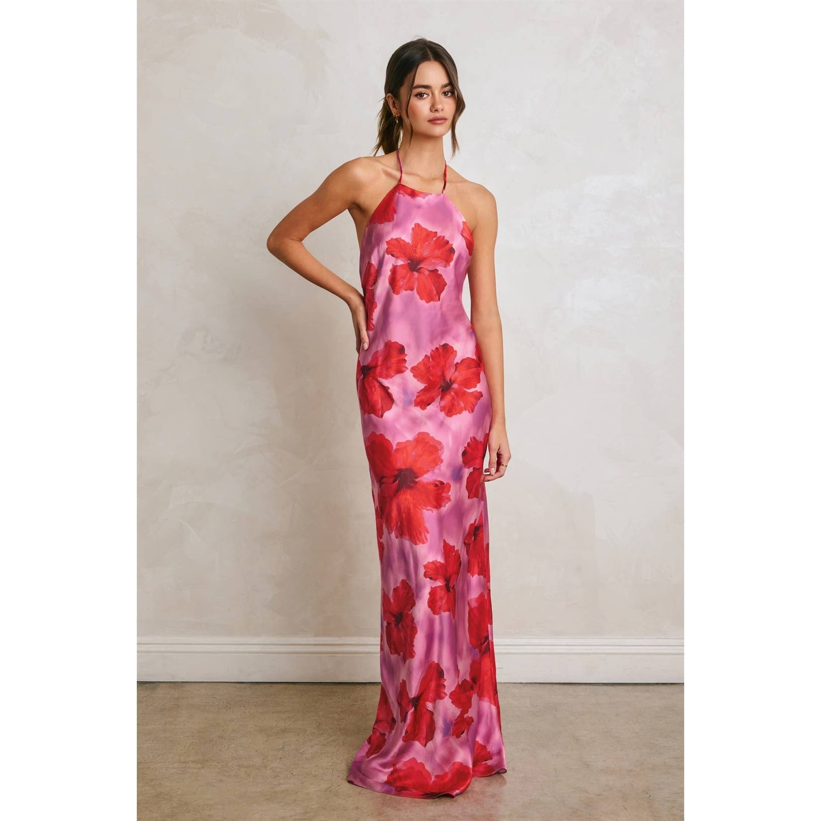 Hibiscus Escape Open Back Halter Maxi Dress