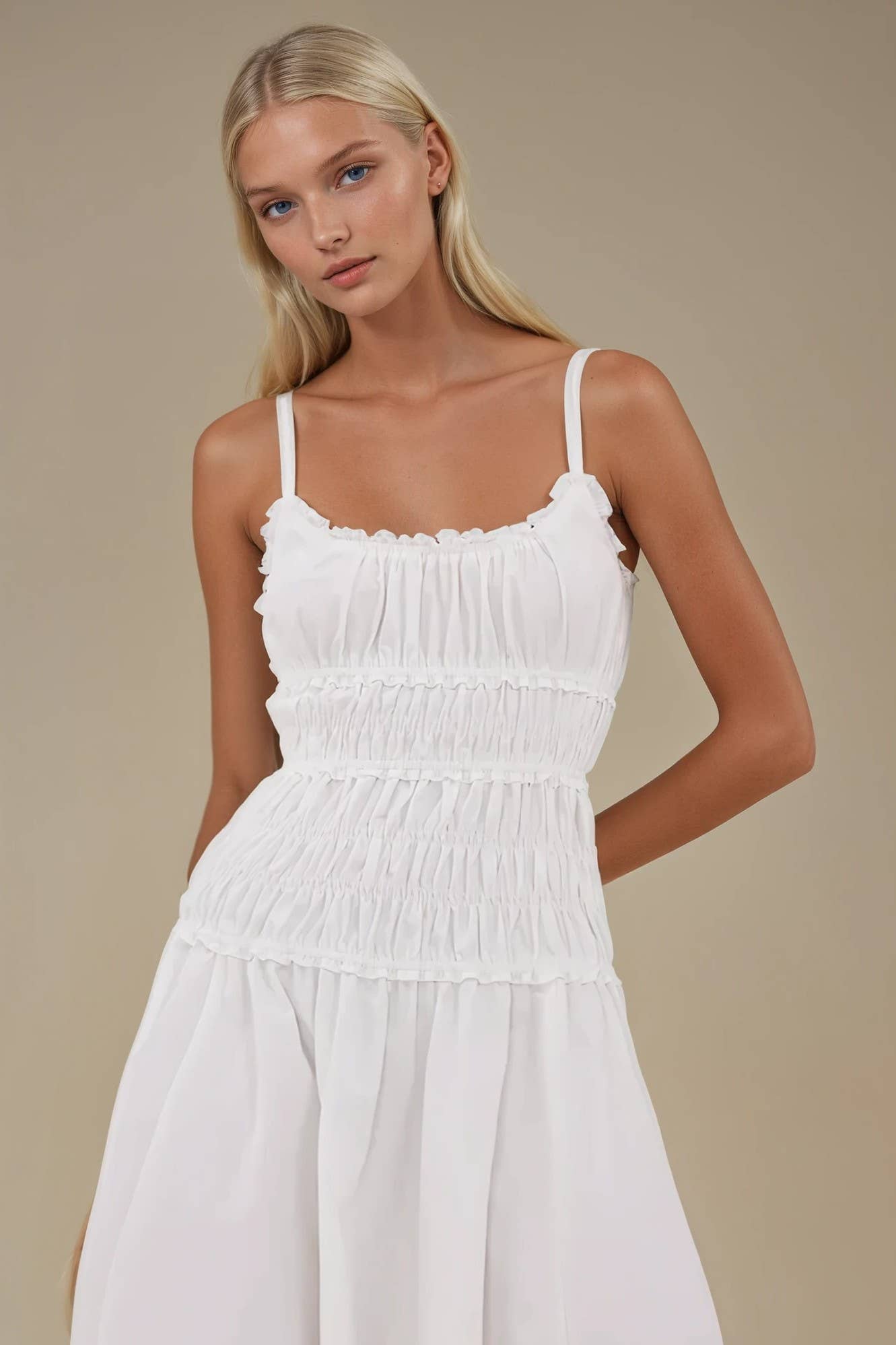 WHITE SMOCKED MAXI COTTON DRESS