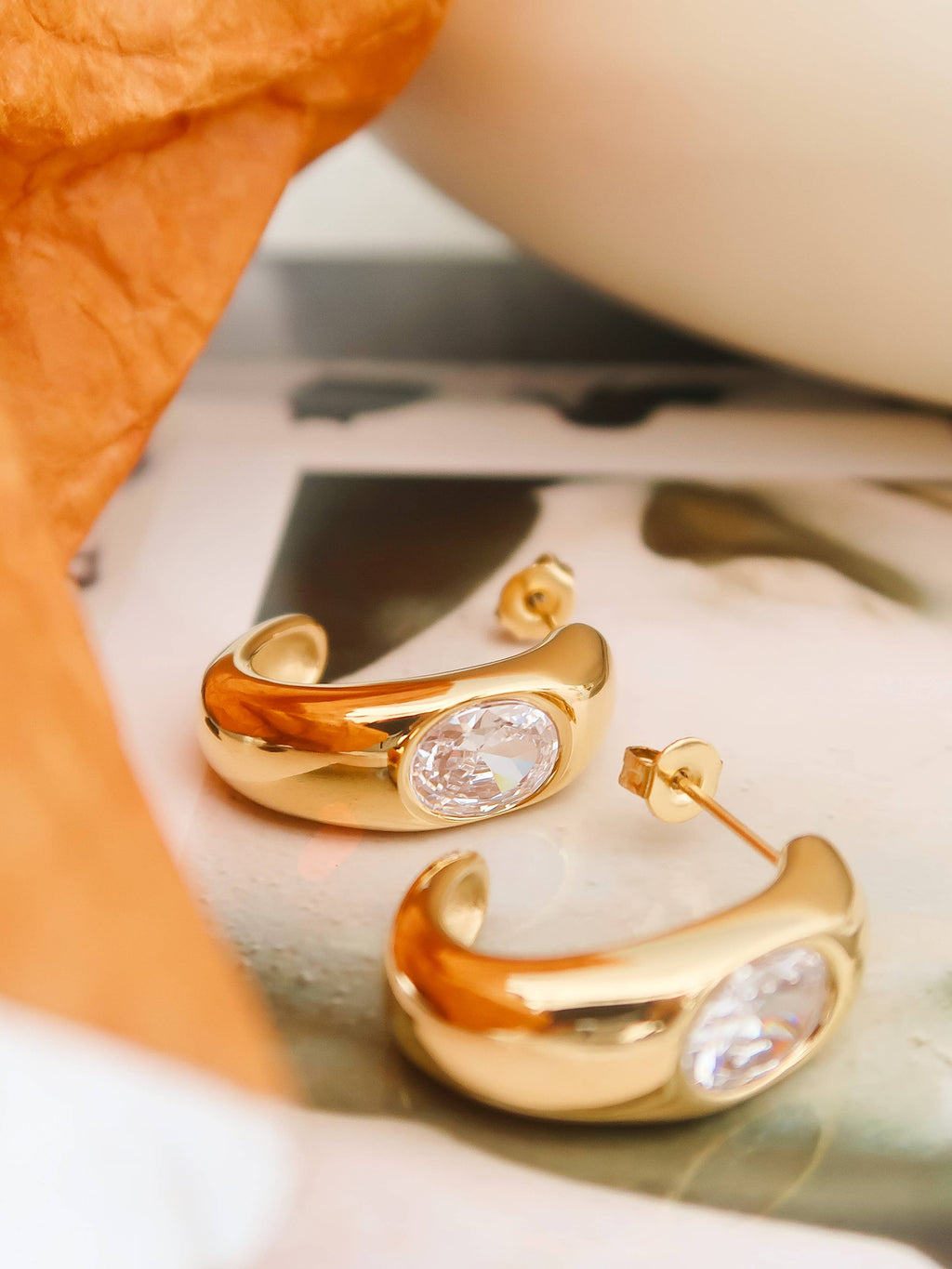 Aliénor 18K Gold Non-Tarnish CZ Classic C Hoop Earring: Yellow