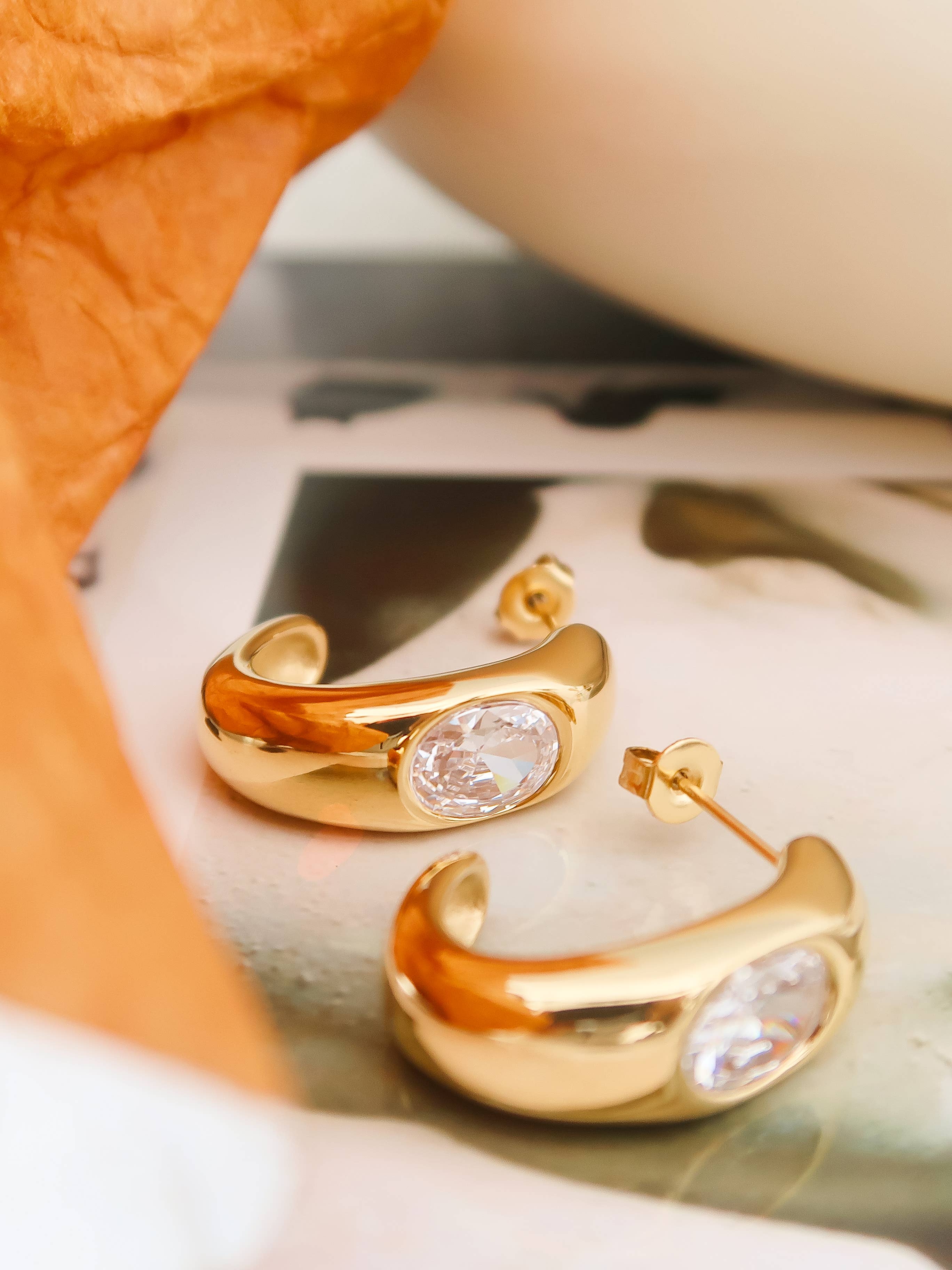 Aliénor 18K Gold Non-Tarnish CZ Classic C Hoop Earring: Yellow