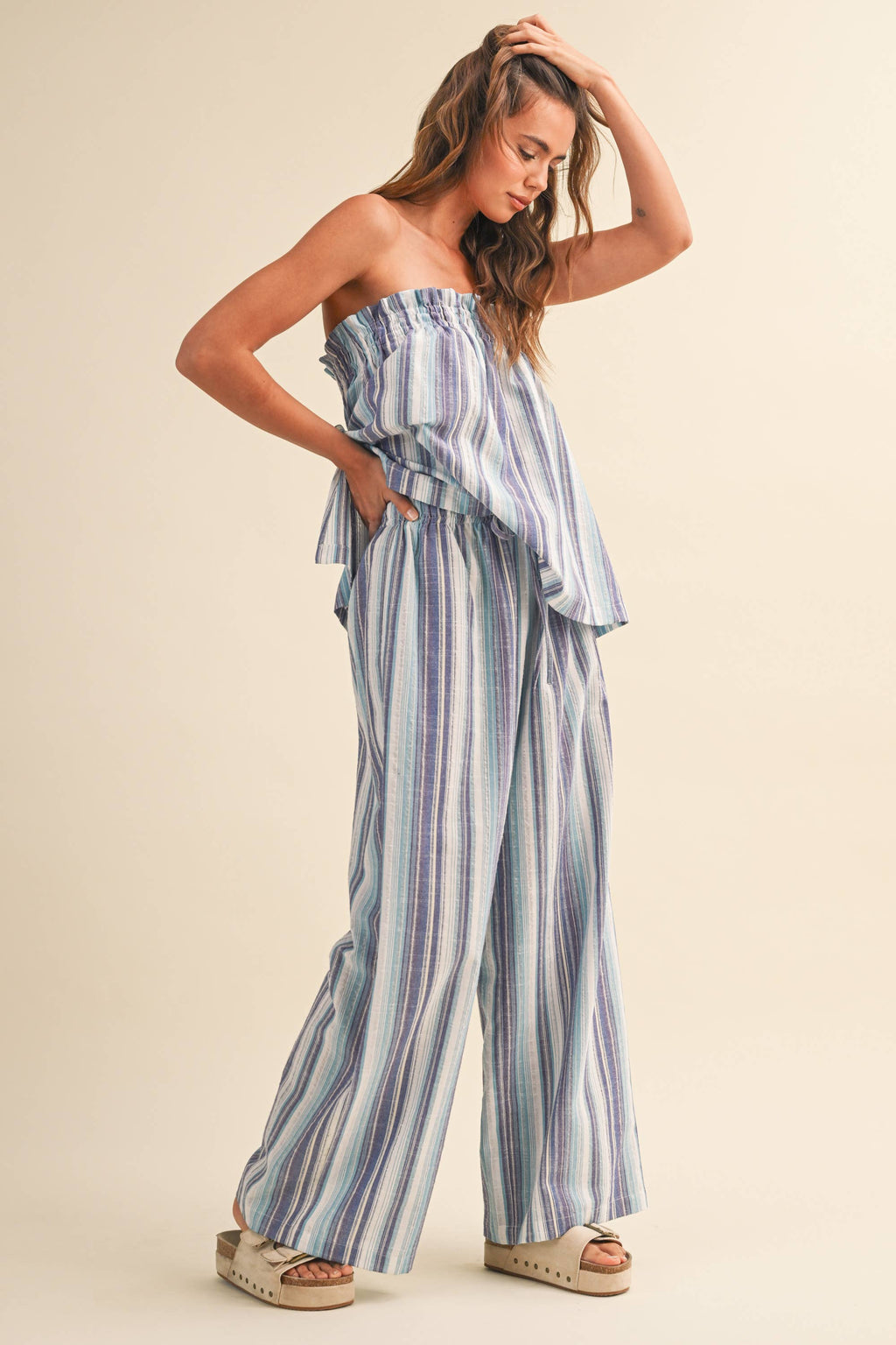 STRIPED RELAXED FIT TUBE TOP AND WIDE LEG PANTS SET
